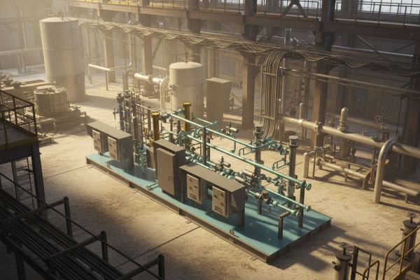 Industrial electric process heater skid with piping, valves, and control panels inside a facility.