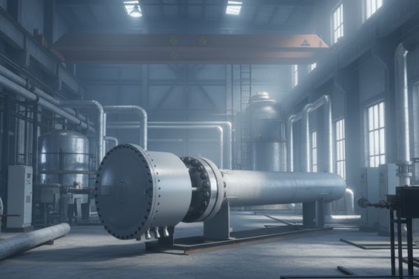 Large industrial electric process heater vessel with flanged connections inside a manufacturing plant.